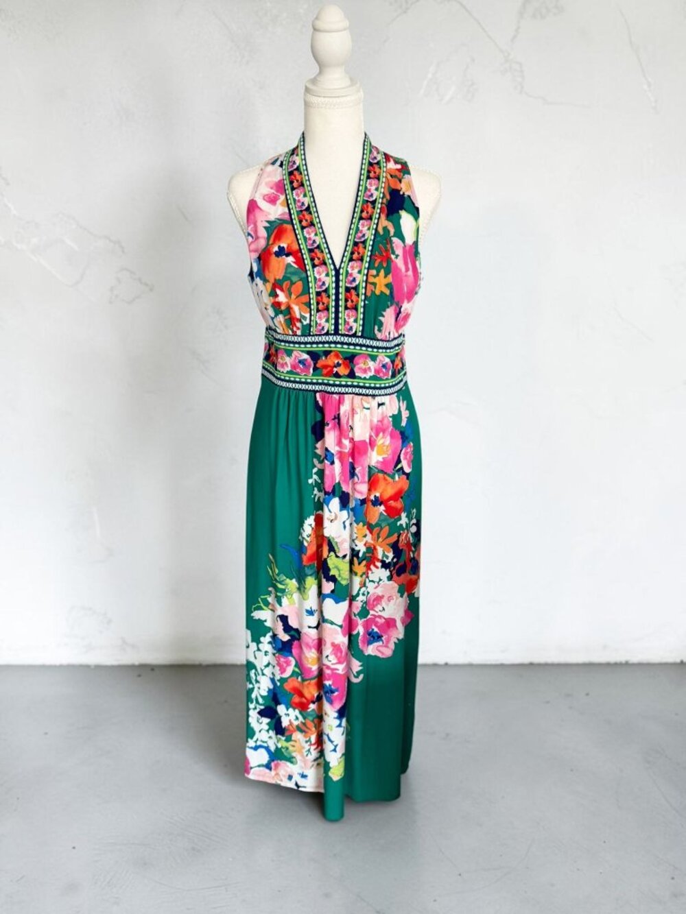 LONDON TIMES Green Floral Stretch Maxi Dress Size 8P